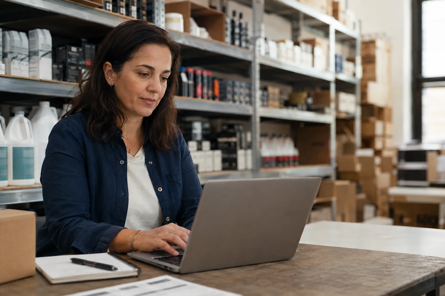 Inventory buyer reviewing a replenishment plan across stocked supplies and equipment